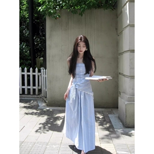 奥特莱斯清仓捡漏法式 海边度 蓝色格子吊带连衣裙子女夏季 2025新款