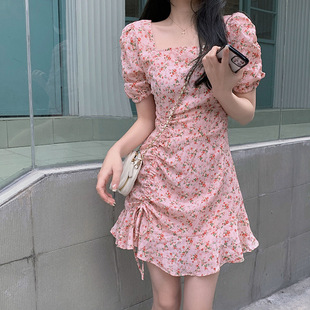 女装 奥特莱斯清仓捡漏大码 温柔方领碎花连衣裙女胖mm甜美超仙抽绳