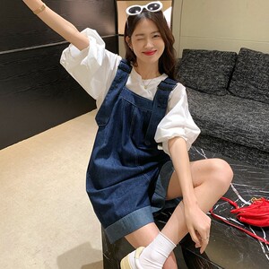 薄款牛仔背带短裤女小个子夏季韩版宽松减龄直筒显瘦连体阔腿裤子