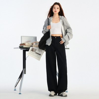 美炫美式黑色直筒牛仔裤女士春季高腰宽松显瘦窄版阔腿裤新塘潮牌