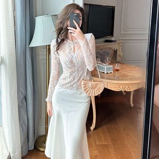 上衣设计感圆领显瘦蕾丝衫 2025春装 性感镂空修身 新款 女20333 法式