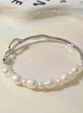 小众设计不规则半镯淡水珍珠手链女法式简约百搭感树枝纹手镯