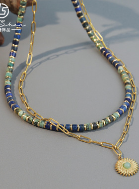 欧美跨境非洲松石手工串珠项链小众高级感花朵吊坠叠戴钛钢锁骨链