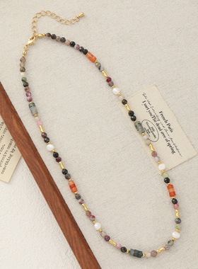 原创设计彩色碧玺天然石串珠项链时尚小众天然淡水珍珠锁骨链