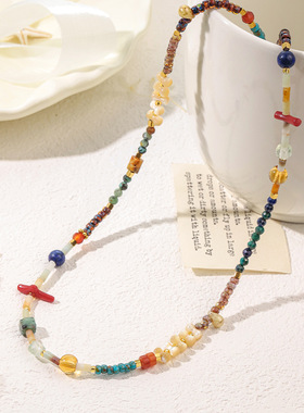 新款波西米亚多宝轻奢蓝绿青金捷克珠项链复古小众贝壳串珠锁骨