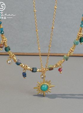 彩色天然河石手工串珠项链小众设计波西米亚风太阳吊坠叠戴锁骨链