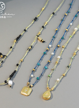 欧美跨境民族风非洲松石项链小众设计不锈钢保色桃心吊坠锁骨链