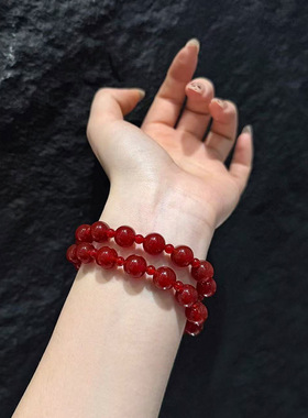新年喜庆显白赵露思同款手链天然红玛瑙双圈手工气质手串女爆款女