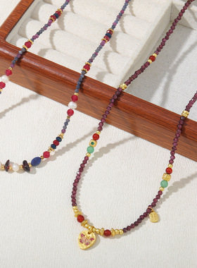 紫色蝴蝶新中式复古石榴石叠戴串珠项链天然红玛瑙颈链百搭锁骨