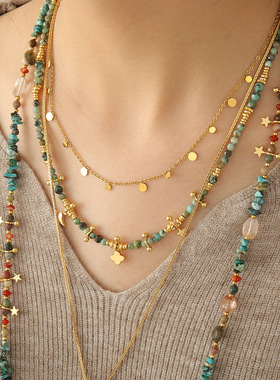 复古多层叠戴巴洛克珍珠项链非洲松天然石串珠新中式高级感毛衣链