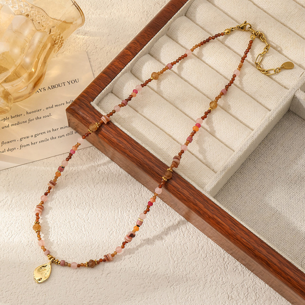 粉棕甜系温柔不规则吊坠复古天然石贝壳圆形项链日常百搭锁骨链女