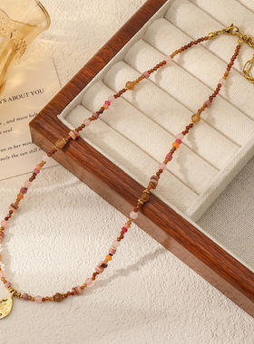 粉棕甜系温柔不规则吊坠复古天然石贝壳圆形项链日常百搭锁骨链女