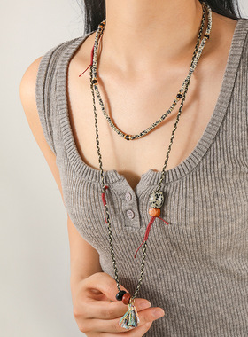 新中式手工编织绳斑点石长款毛衣链复古藏式流苏穗子钛钢小鱼