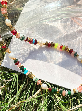 春季新款混色不规则波西米亚项链小众设计彩色手链钛钢饰品套装女