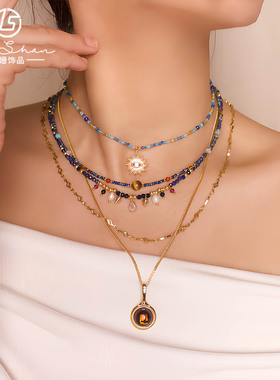 法式复古彩色天然石米珠手工串珠项链恶魔之眼吊坠锁骨链叠戴套链
