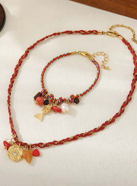 珊瑚吊坠幸运手工编织项链女红手绳法式复古小众设计红东凌锁骨