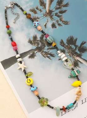 元气鬼马童趣新款海洋元素彩色串珠项链琉璃多巴胺小众设计锁骨