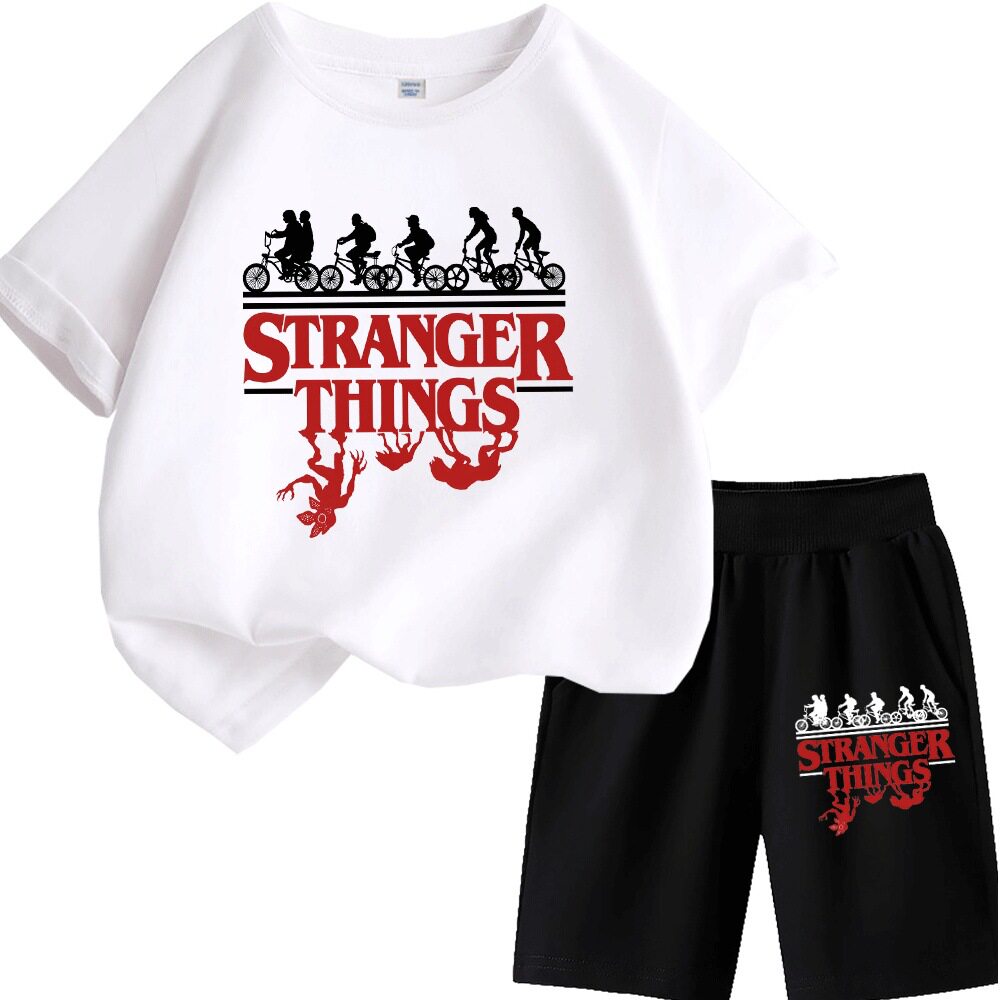 STRANGER THING热销印花时尚儿童圆领短袖夏季休闲短裤两件套