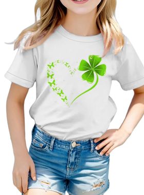 新款St Patrick's Day幸运草爱心印花时尚儿童短袖宽松套头衫