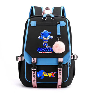 刺猬索尼克Sonic角色LOGO标志印花双肩背包学生书包撞色帆布包