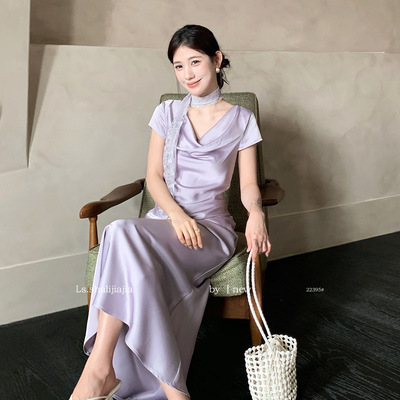 LS述致 高级感醋酸质感缎面连衣裙女2025年夏季新款惊艳长裙22395