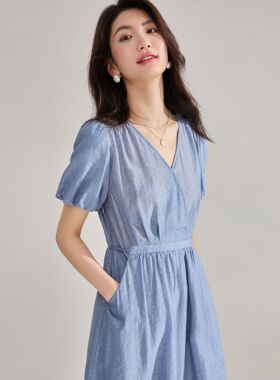 夏季法式V领收腰系带茶歇裙蓝色天丝提花温柔气质连衣裙15711