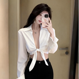 露脐上衣 性感纯欲风收腰衬衣短款 辣妹穿搭白色v领绑带衬衫 女夏季