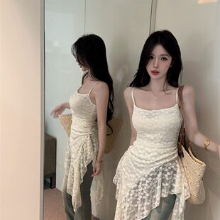 中长款遮臀蕾丝吊带背心打底衫女夏季漂亮叠穿不规则裙摆抹胸上衣