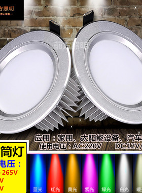 12V/24VLED筒灯3W12W暖黄光紫光红光绿光蓝光4000K汽车轮船低压灯