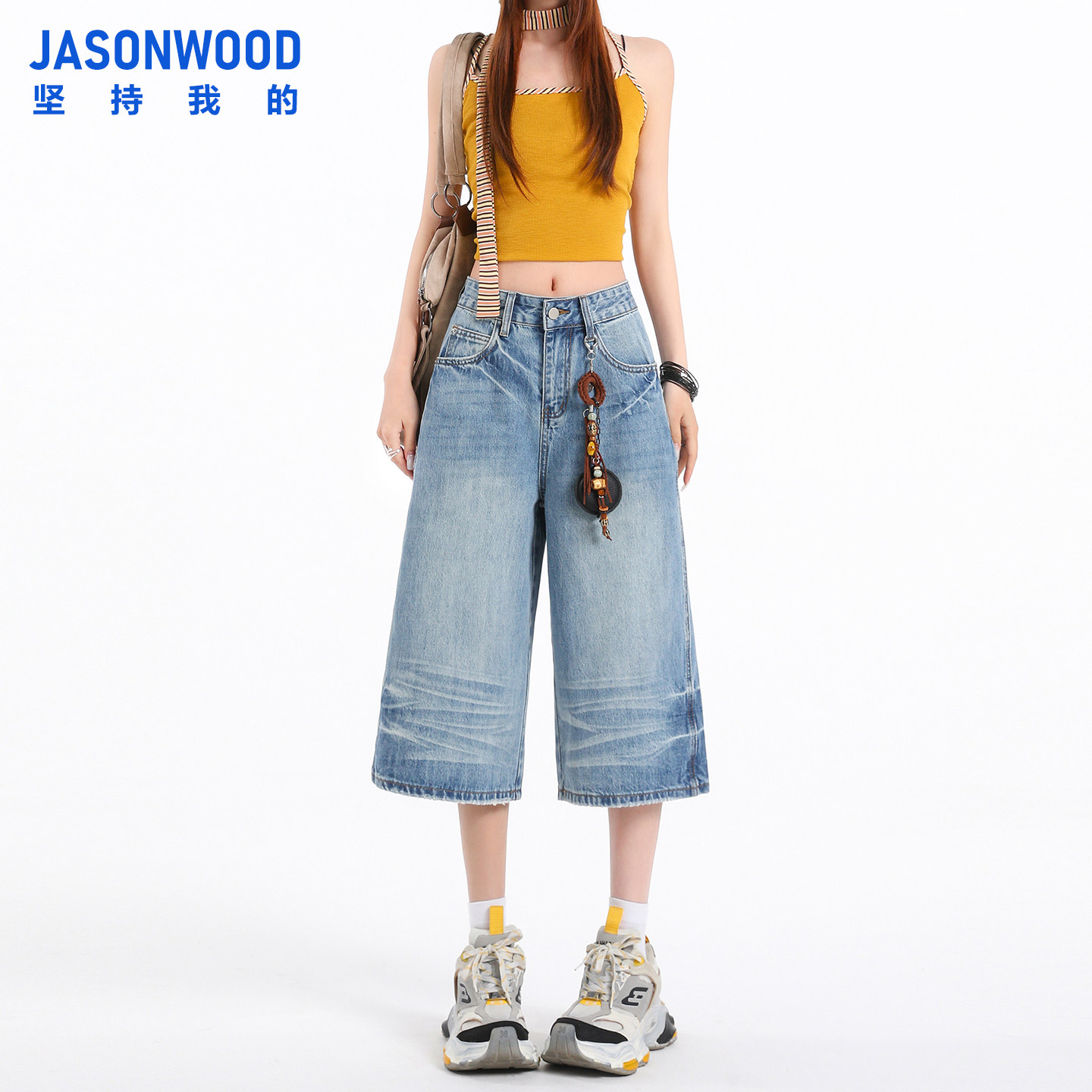 Jasonwood 复古七分阔腿牛仔裤女2026新款夏季高腰宽松直筒中裤子