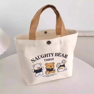 新款小熊帆布包女印花百搭学生便携上班手拎便当包手提袋子帆布袋