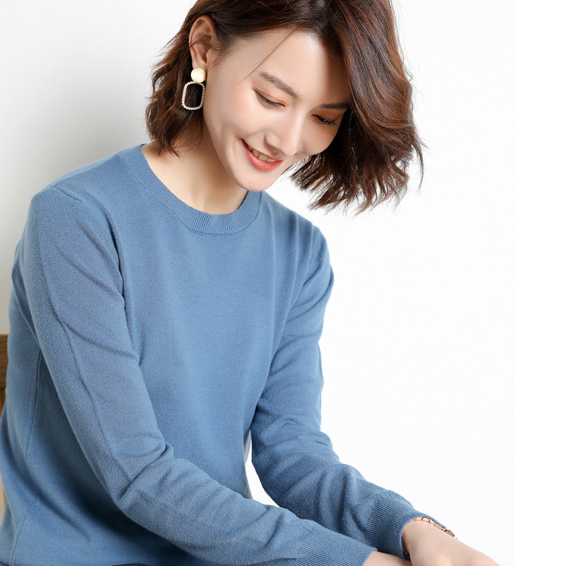 春秋薄款套头圆领毛衣女长袖宽松百搭韩版针织打底衫短款上衣大码