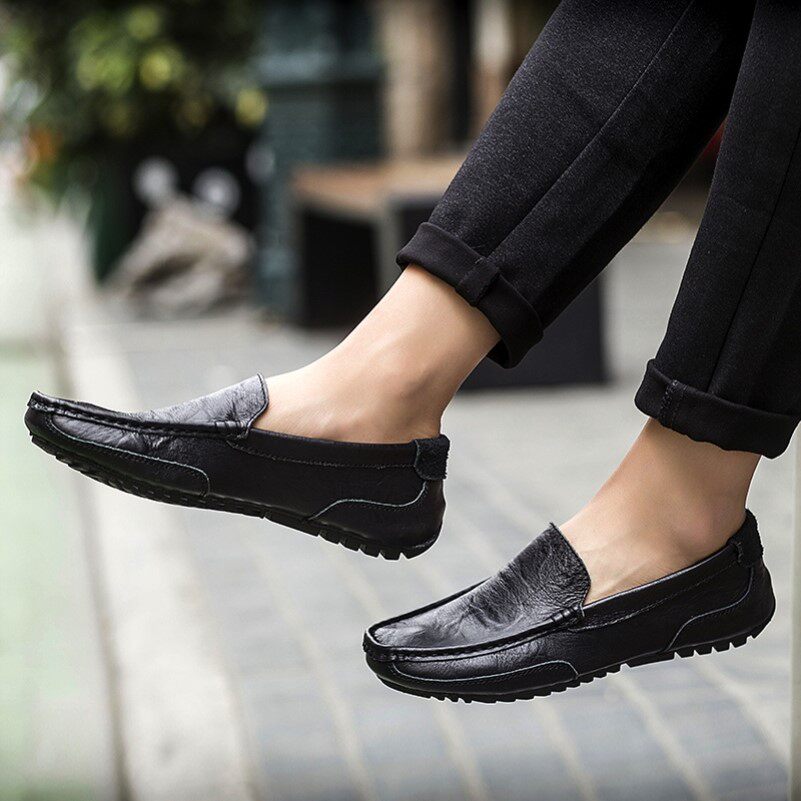 DOUDOU 신발 남성 여름  가죽 영국 2024 한국어 버전 유행 통기성 게으른 한쪽 다리 남성 신발 남성용 캐주얼 가죽 신발