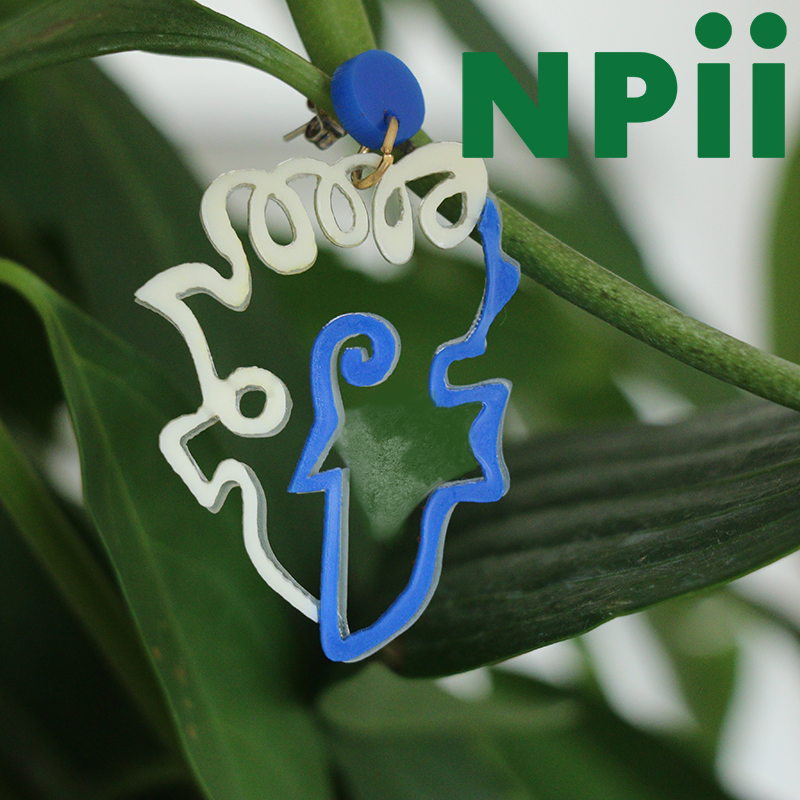 蓝白纯银耳环抽象线条脸谱吊坠