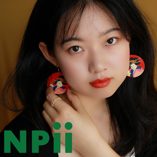 NPii秋冬木质红色耳环风格独特小众设计手绘浮世绘纯银耳环