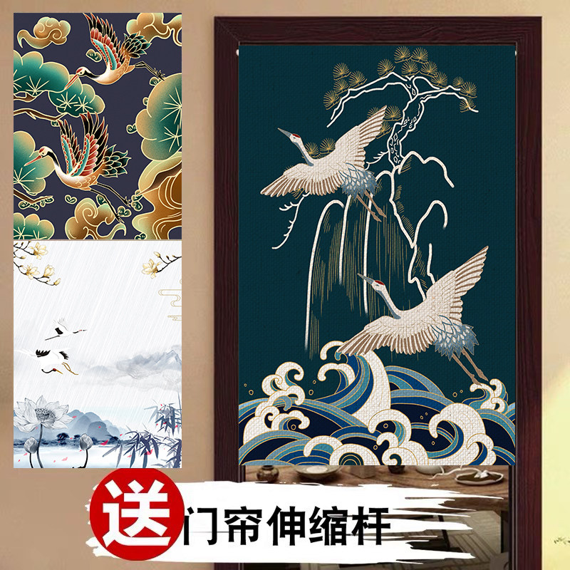 日式仙鹤门帘中式棉麻布艺门帘厨房风水隔断风水帘装饰玄关半截帘