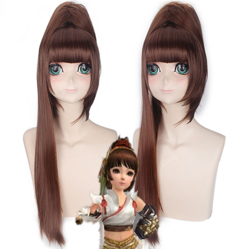 剑三溯雪丐萝莉 齐刘海深棕色短发 单马尾高温丝 假毛cosplay假发