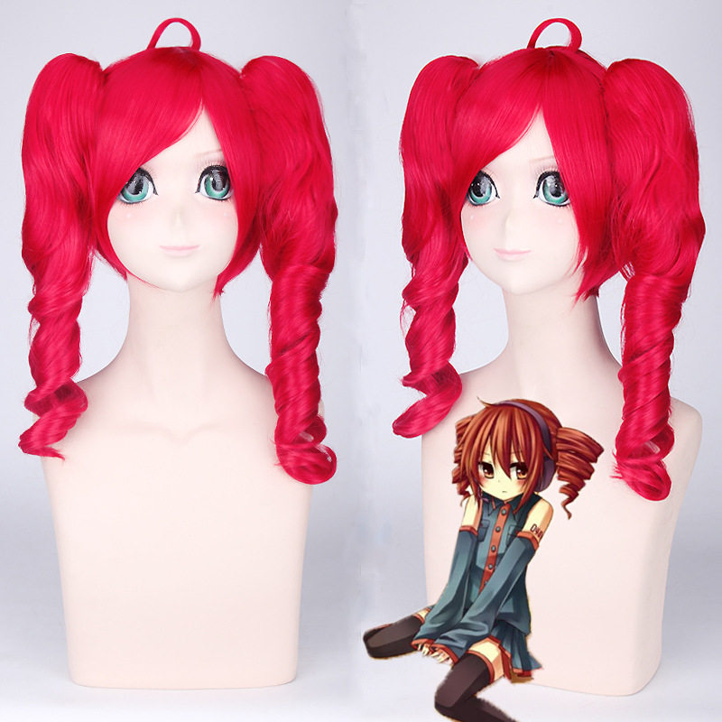 V家重音TETO红色50cm短发短卷发分体双马尾假毛cosplay假发洛丽塔