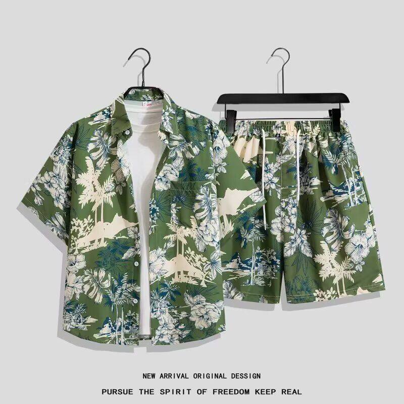 夏日岛服海南三亚夏威夷衬衫男沙滩短裤情侣款清凉海滨风潮套装潮