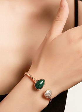 《希望之石》水滴满钻纪念款水滴孔雀石手镯轻奢开口可调节手环女