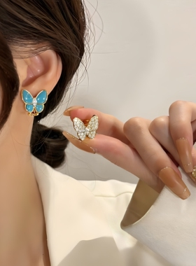 《双生》AB款满钻松绿双蝴蝶耳钉女设计款高级轻奢气质耳环耳饰品