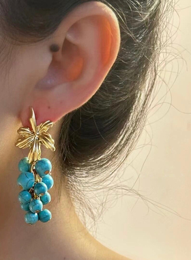 《蓝松葡萄》大自然石松串珠葡萄耳钉高级设计师款古法耳环耳饰女