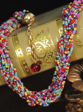 复古宫廷风多层彩色琉璃串珠项链