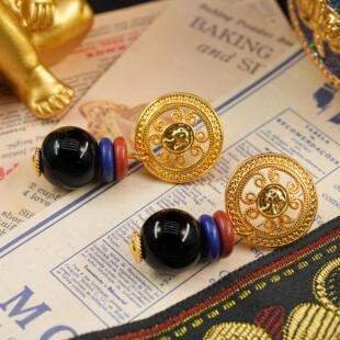 《露西》中古琉璃蕾丝仕女头像浮雕耳钉彩珠复古彩色双珠耳环耳饰