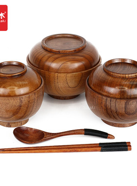 包邮实木带盖木碗酸枣木泡面碗隔冷保温儿童碗宝宝辅食碗套碗