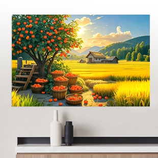 秋天丰收自粘画田园图乡村田园风景画金秋大丰收自粘画餐厅装饰画