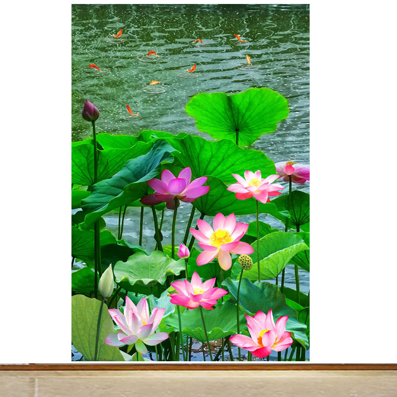 竖版电表箱荷花自粘贴画客厅玄关背景墙九鱼莲年有鱼自然风景画