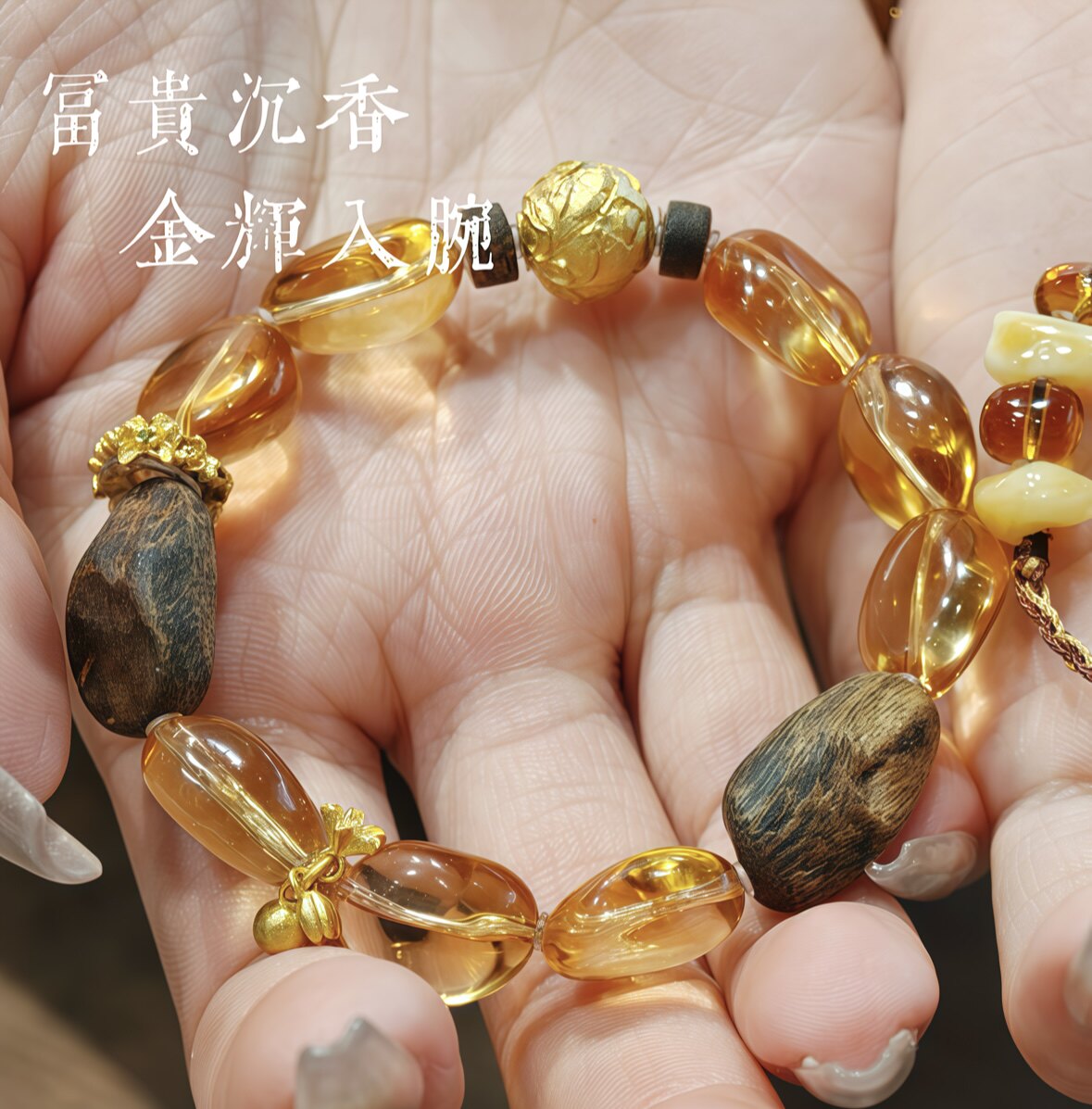 煜石說收藏级暴力黄巴西黄水晶糖豆沉香足金定制孤品手串送礼文玩
