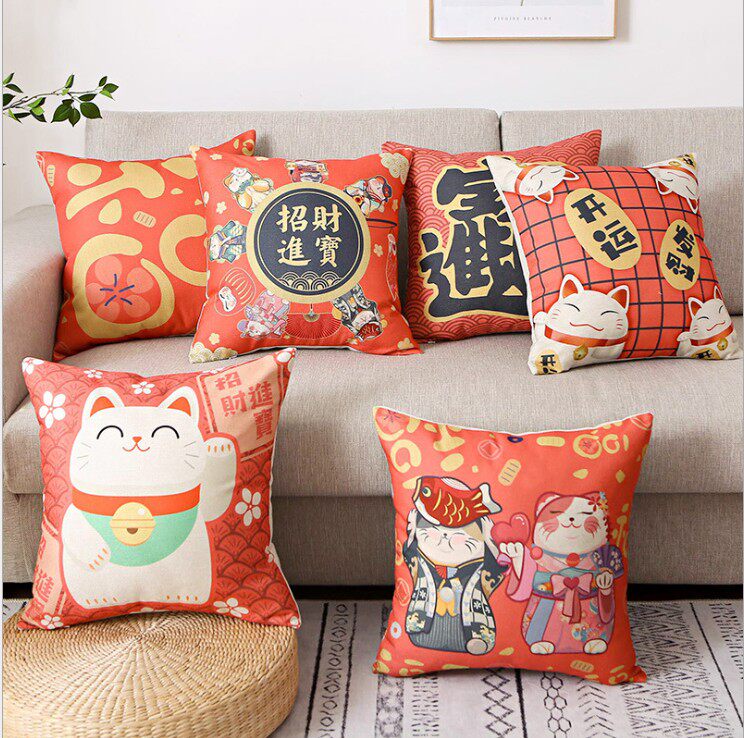可爱招财猫系列数码印花棉麻抱枕套汽车靠垫套沙发抱枕
