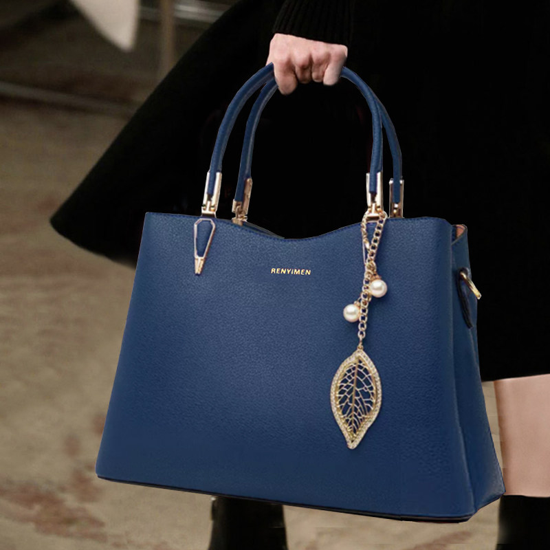 新款蓝色气质百搭真皮女士轻奢手拎包牛皮单肩斜跨妈妈包手提大包